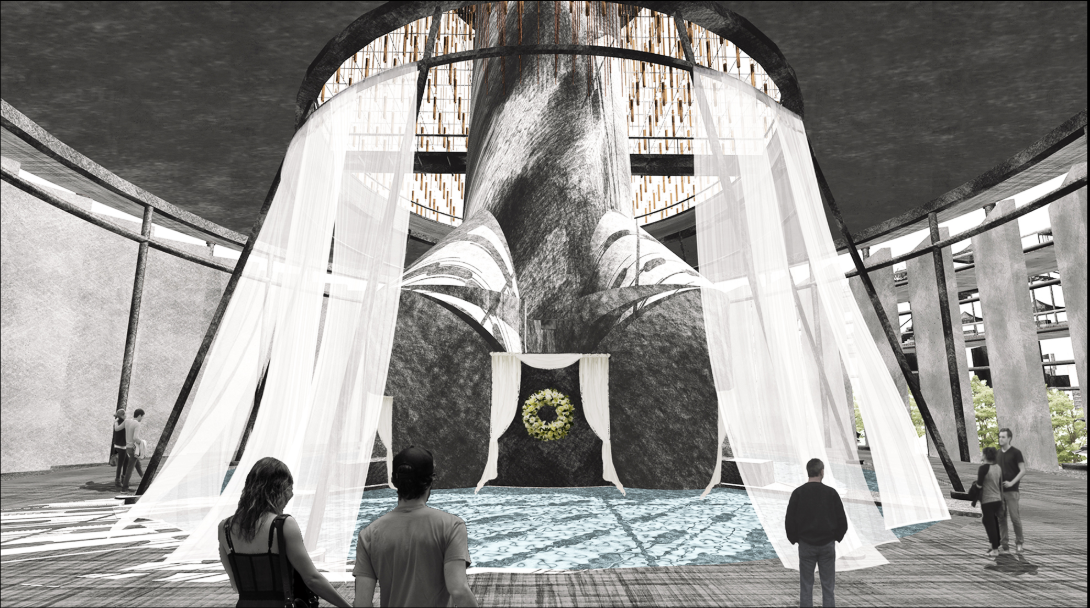 A solemn yet open space frames the final rite, surrounded by soft curtains and light-infused textures beneath the tower’s core.