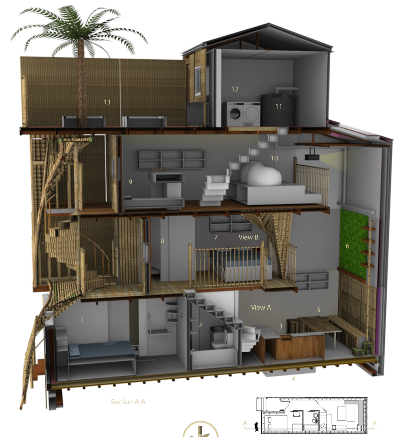 Detailed cross-section revealing functional spaces and eco-friendly design elements.
