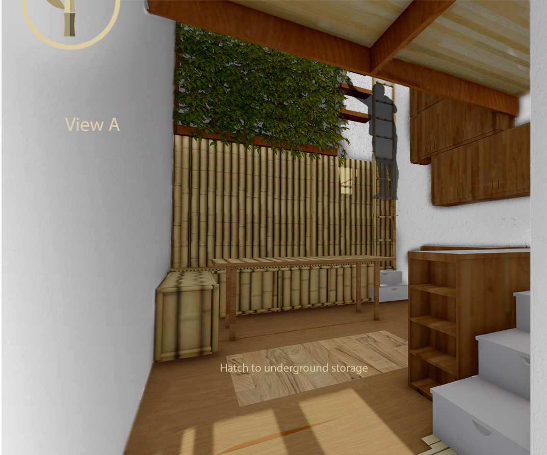 Interior perspective showing bamboo finishes, green wall, and underfloor storage hatch.