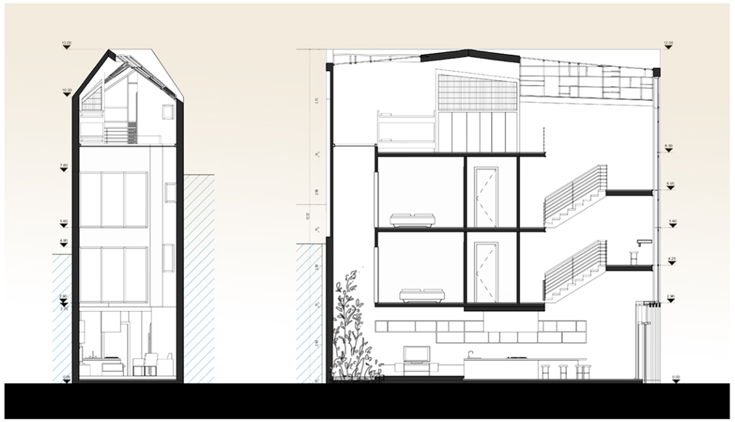 Sectional drawing reveals the vertical layering of generations, with privacy and shared spaces smartly stacked.