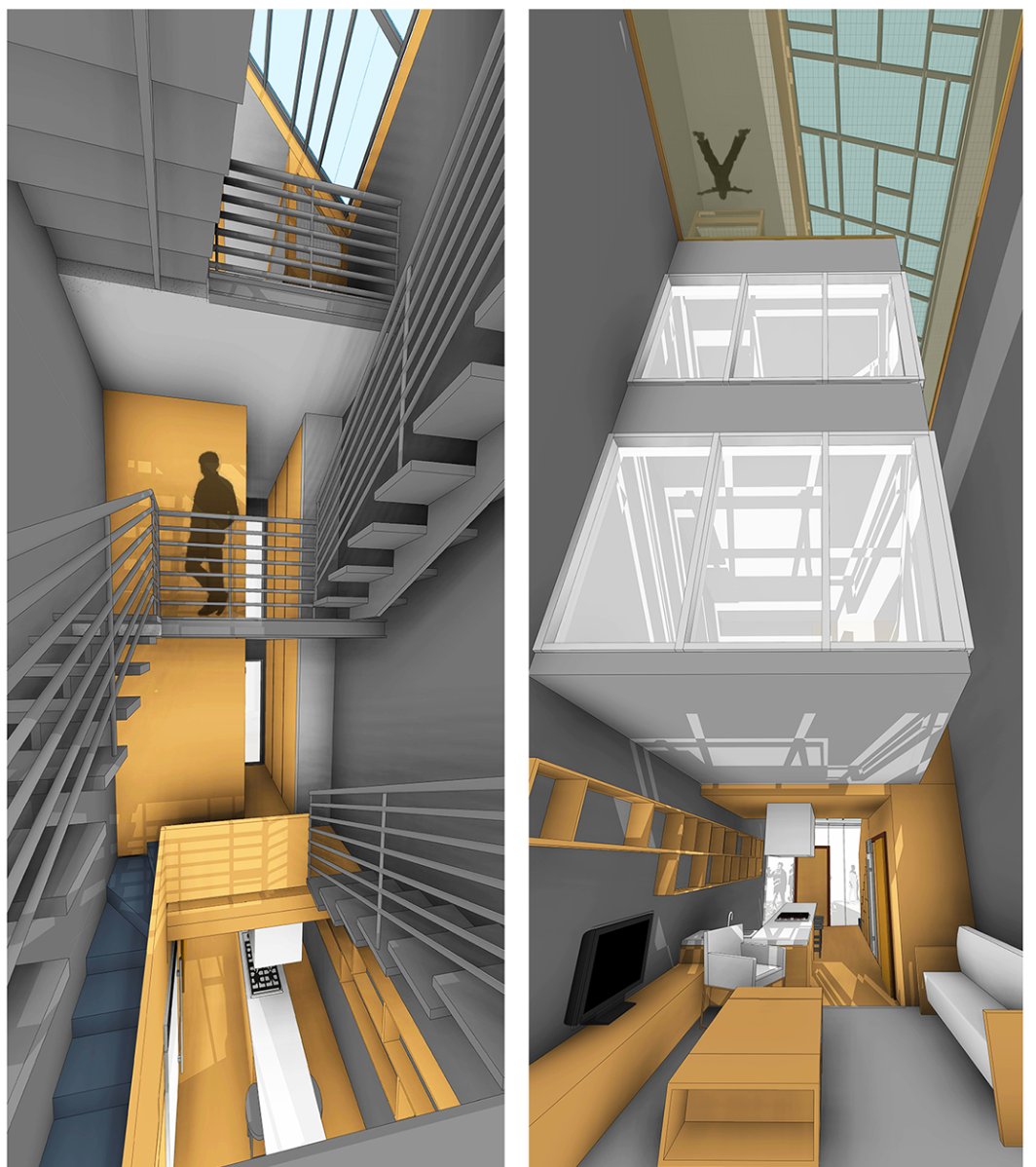 Double-height interiors and multifunctional stairs animate this compact house, integrating movement, light, and connection.
