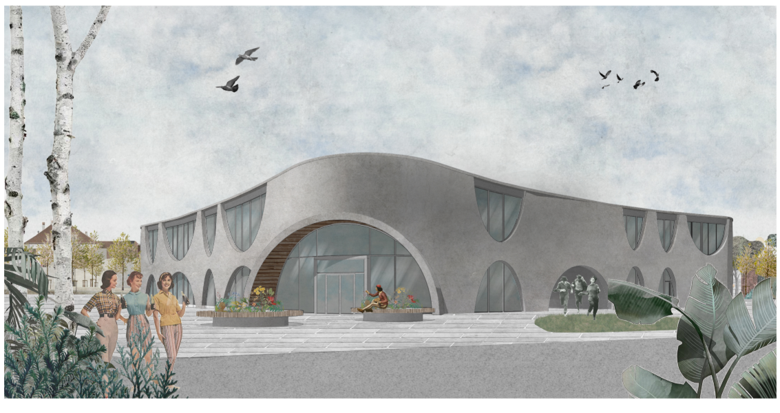 Rendered frontal view of undulating facade with arched openings and people gathered beneath flying birds