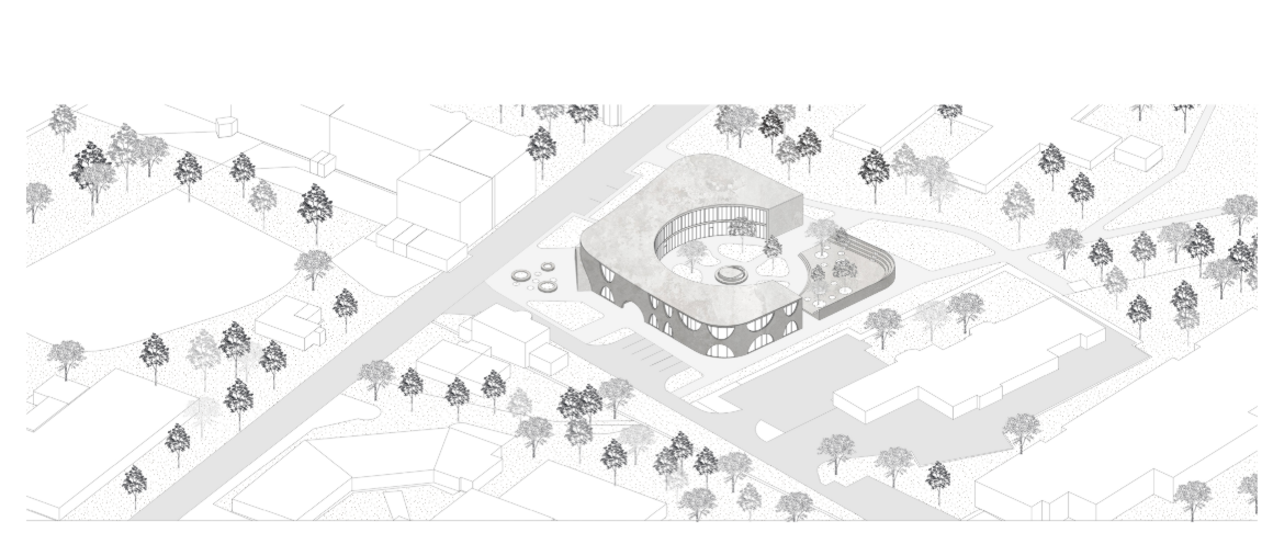 Axonometric drawing showing curved building footprint within a landscape of scattered trees and pathways