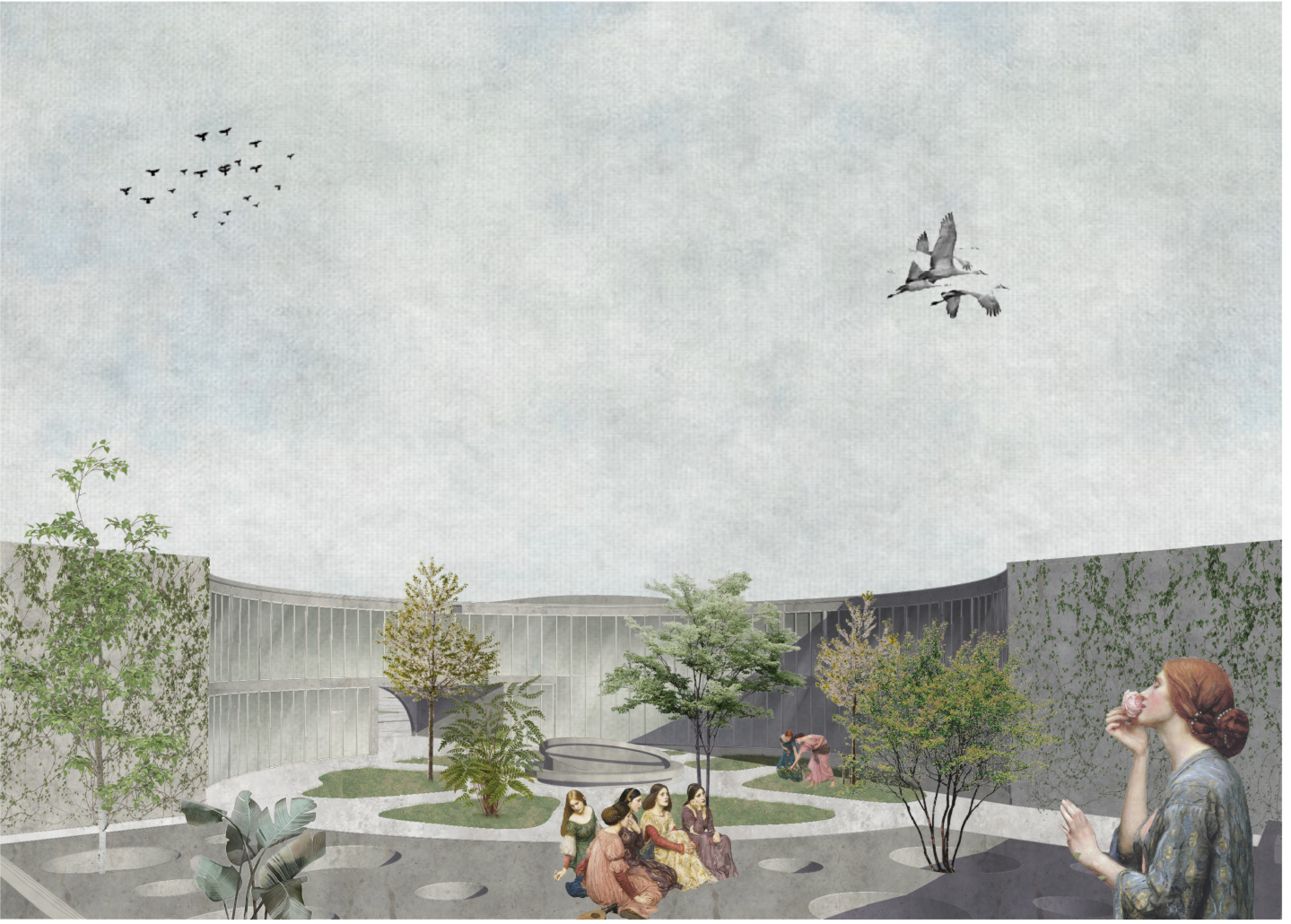 Rendered interior courtyard with circular planted beds and corrugated wall panels under a sky with migrating birds