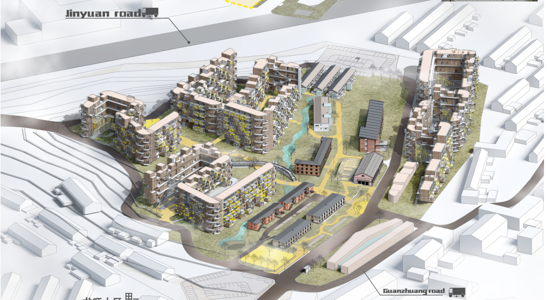 Aerial view rendering of terraced housing blocks with planted roofs arranged around central waterway