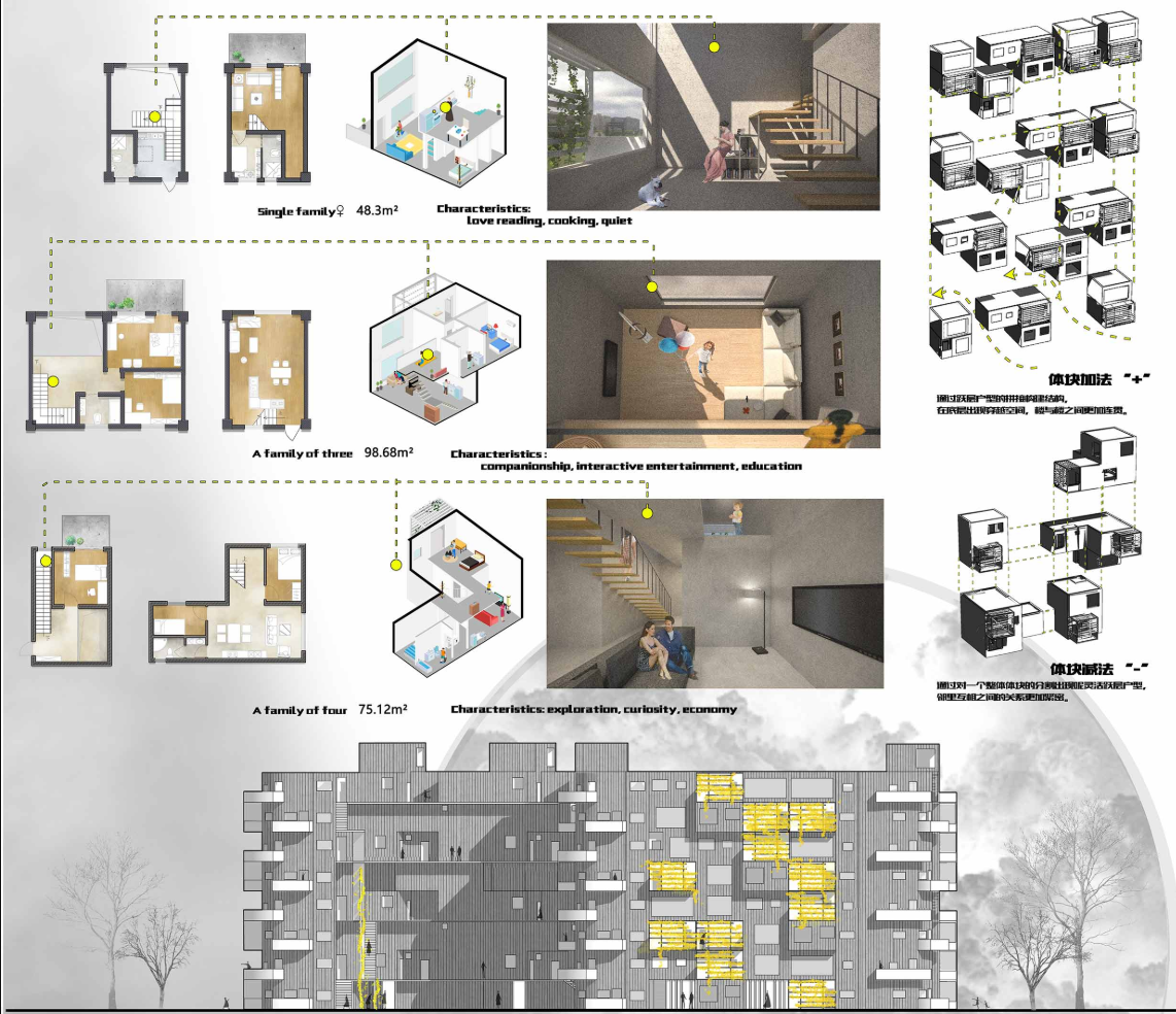 Housing typology diagrams showing floor plans isometric views interior renderings and stacked unit configurations