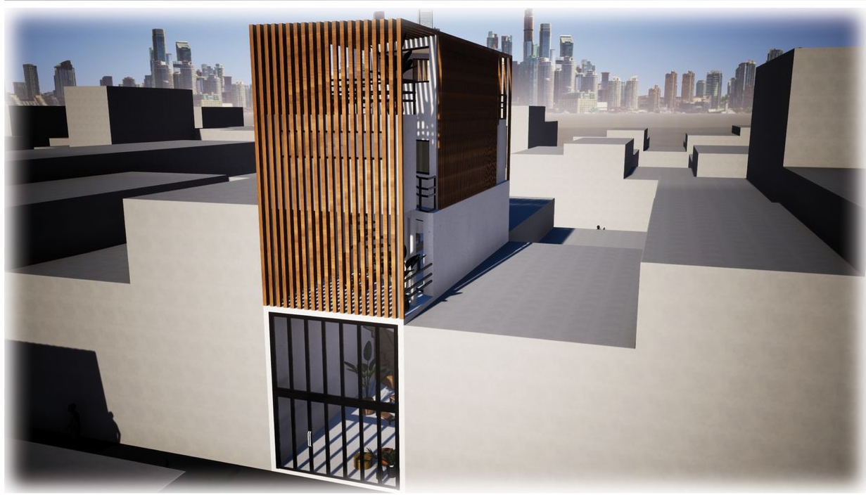 A narrow vertical home wrapped in teak fins, seamlessly fitting into Delhi’s dense urban grid.