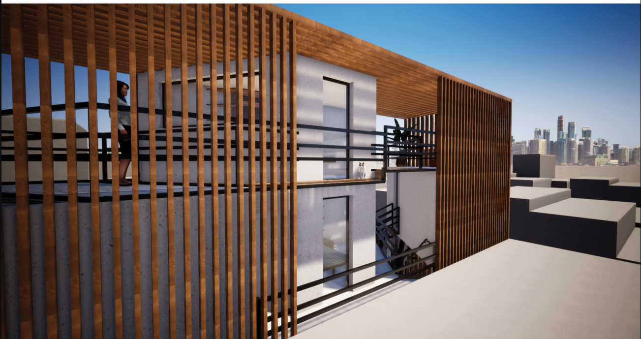 Layered timber screens offer filtered light and privacy for staggered terraces across all floors.