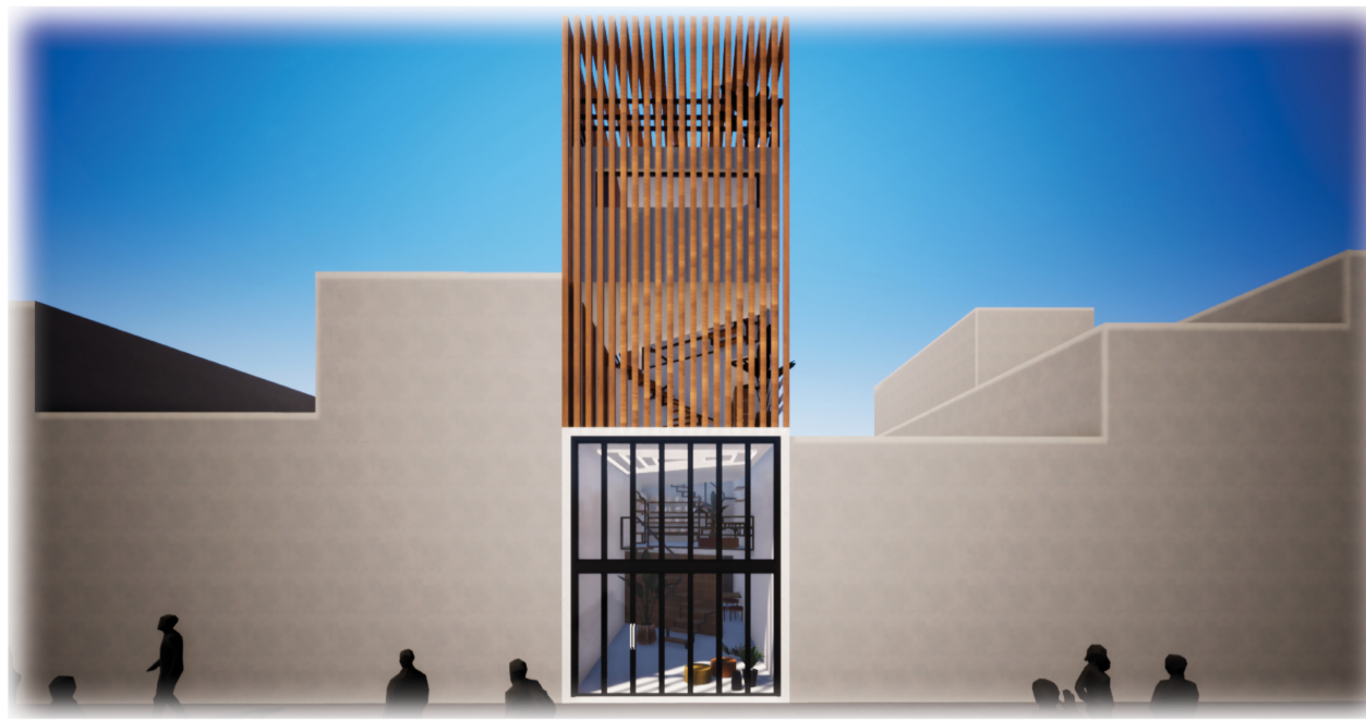 The street-facing façade opens visually and physically to the community, encouraging interaction.