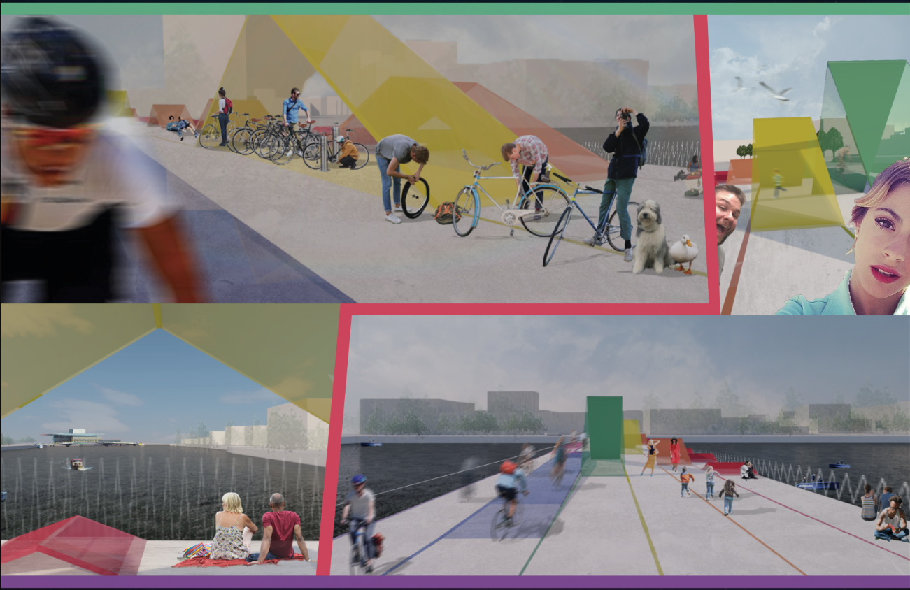 A lively public realm unfolds with bikes, pets, and playful interactions beneath colorful geometric canopies.