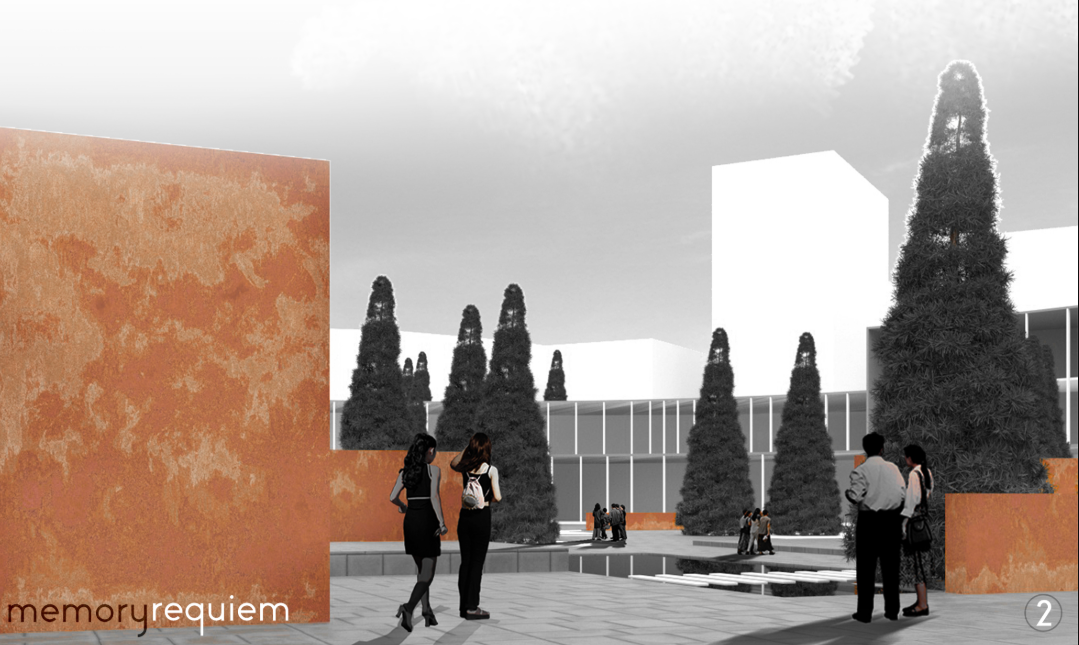 Visitors gather in a contemplative plaza framed by oxidized steel walls and structured greenery, blending memory and urban calm.