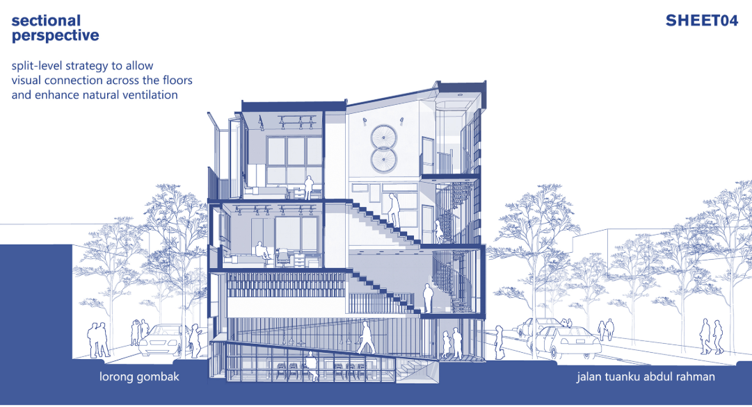 The split-level strategy enables visual connectivity and natural airflow across floors, enhancing vertical compact living.