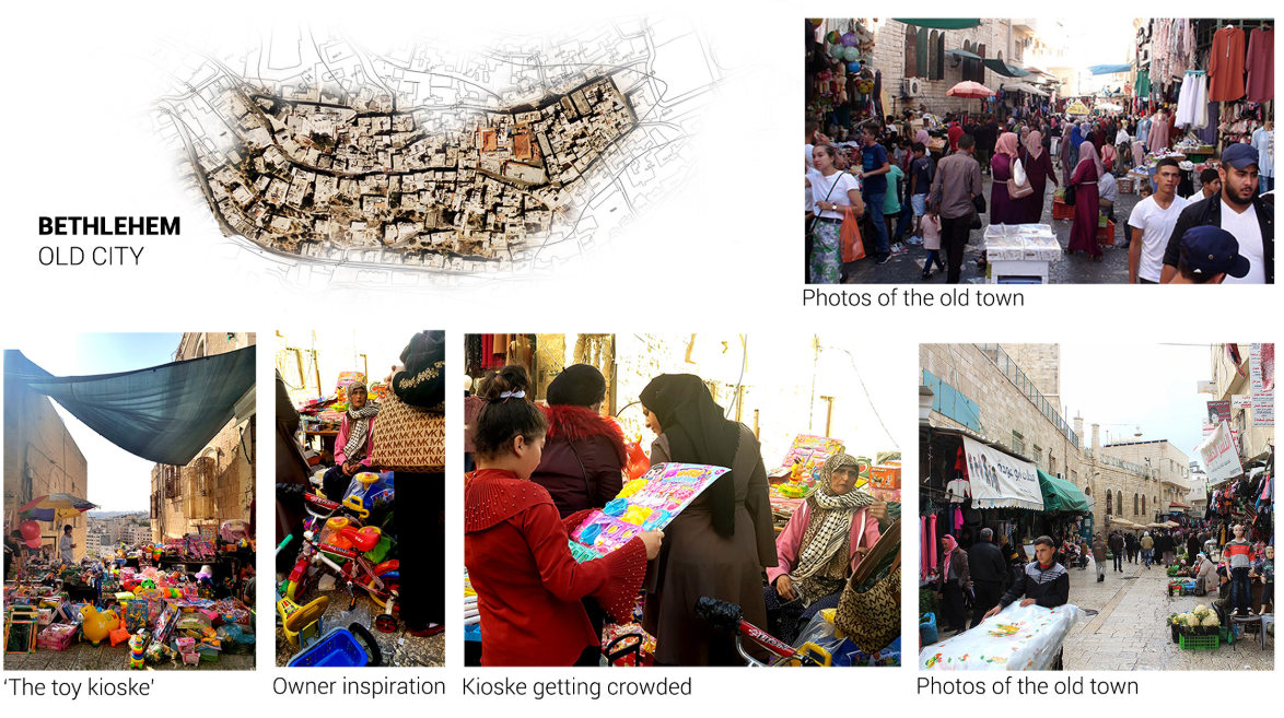 Site plan drawing showing dense urban fabric with highlighted intervention zones and collage of market streets