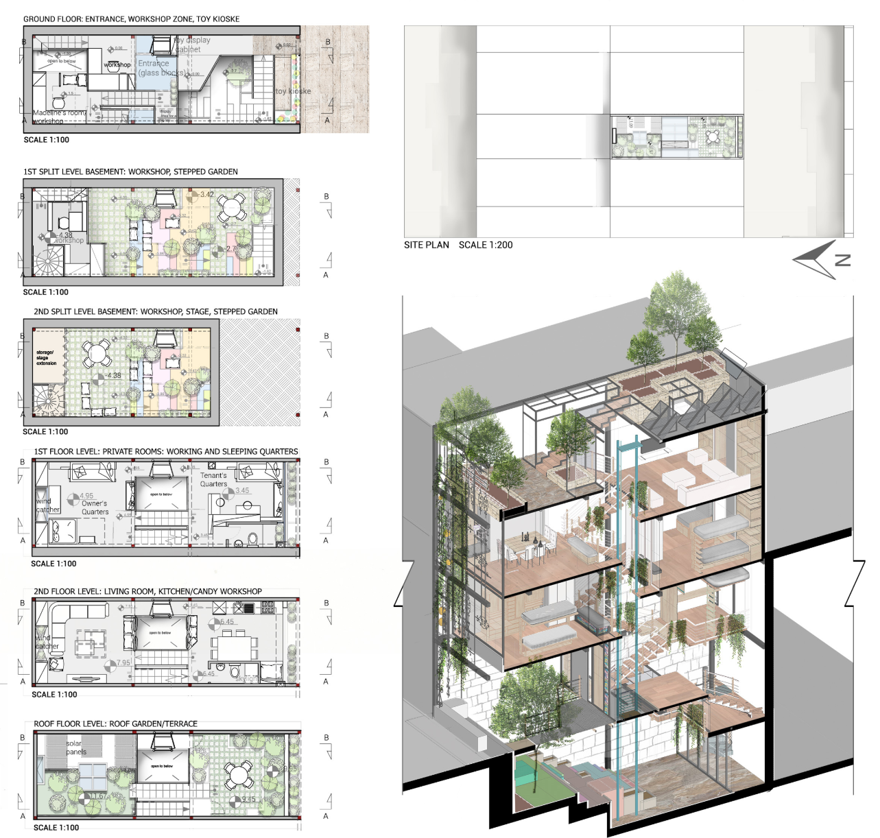 Floor plans and axonometric cutaway showing stacked levels with workshops, gardens and residential spaces