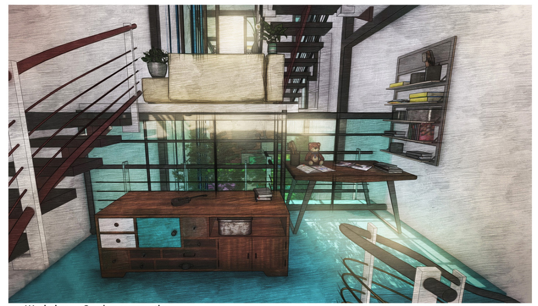 Interior rendering of double-height workspace with wooden desk, open stairs and turquoise glazed void
