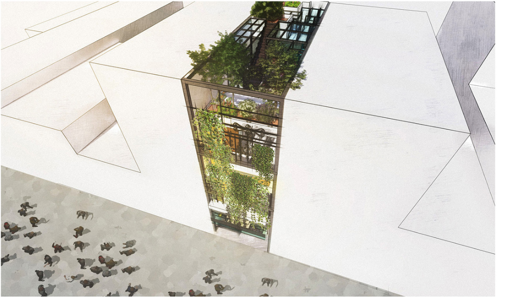 Aerial rendering of narrow tower with cascading planted terraces and rooftop workspace among flat roofs