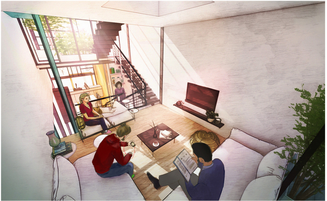 Interior rendering of living area with timber table, figures seated on floor and angled glazed facade