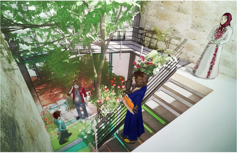 Perspective rendering of an interior courtyard with timber stairs, a large tree overhead and people gathered below