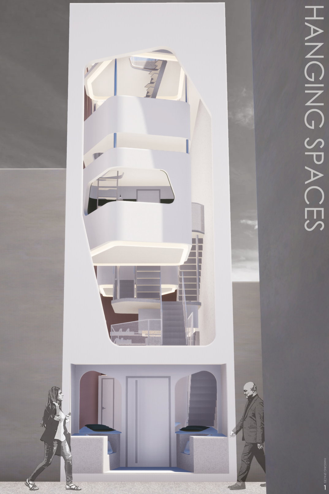 Vertical housing façade showcasing floating residential units in a compact urban plot.