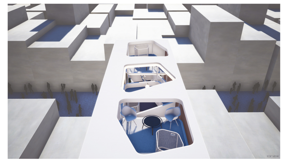 Aerial view revealing open terraces and layered modular units within a dense city fabric.