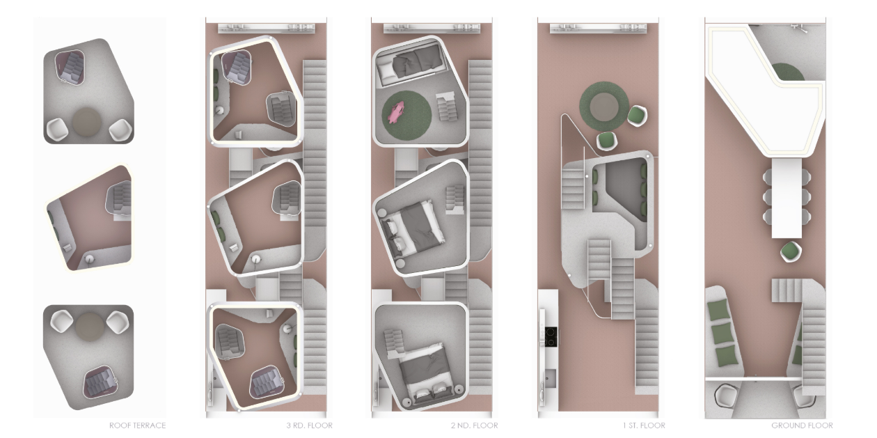 Axonometric floor plans display flexible zoning and organic circulation through five levels.