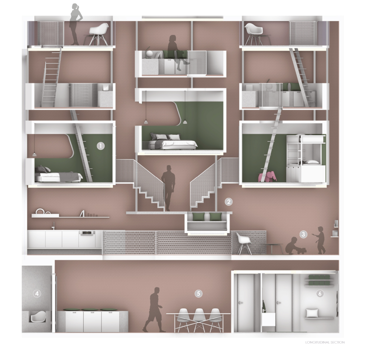 Longitudinal section illustrating flexible private pods, communal corridors, and compact functional zones.