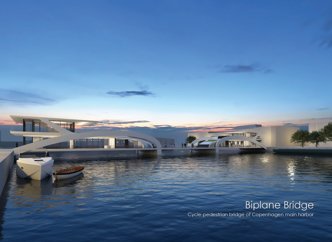 A futuristic cycle-pedestrian bridge blending public architecture with waterfront views in Copenhagen’s main harbor.