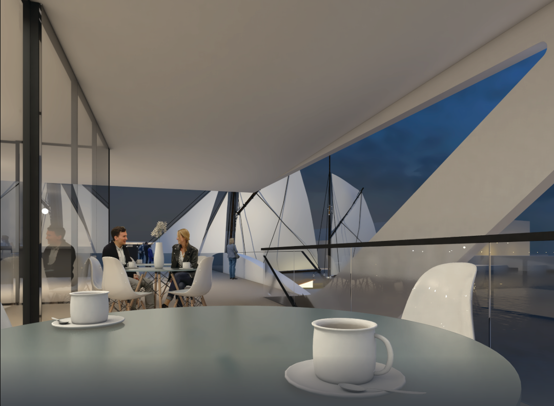 Second-level café terrace offers serene views of passing sailboats and the harbor skyline—public space meets infrastructure.