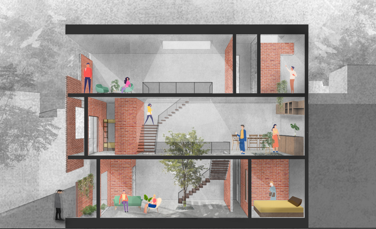 Sectional perspective showing multi-generational living connected through a central courtyard and open-plan passive design.