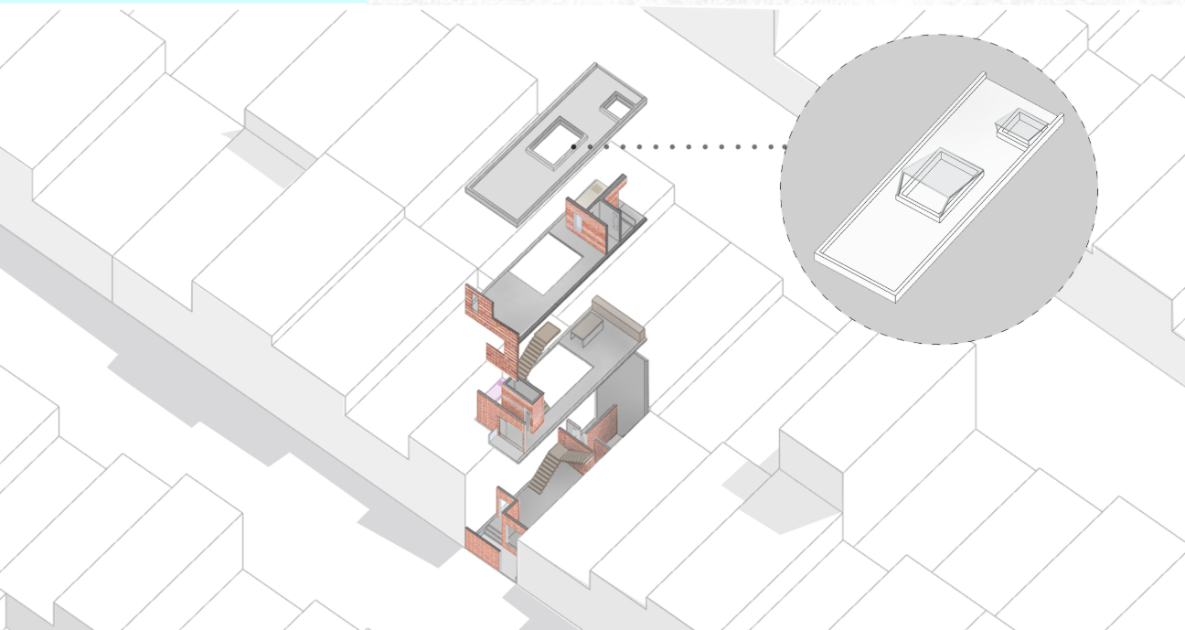 Exploded axonometric view revealing the vertical spatial arrangement and rooftop openings for light and ventilation.