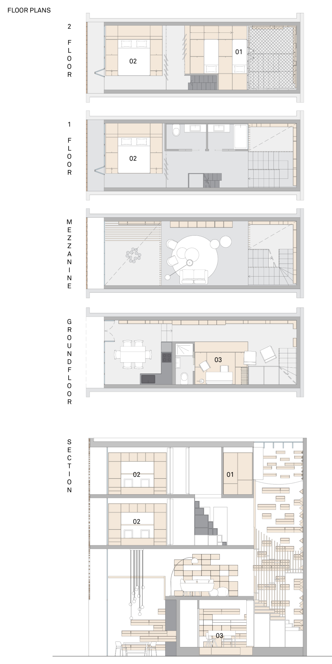 Floor plan stack with section showing modular bedrooms and light strategy.