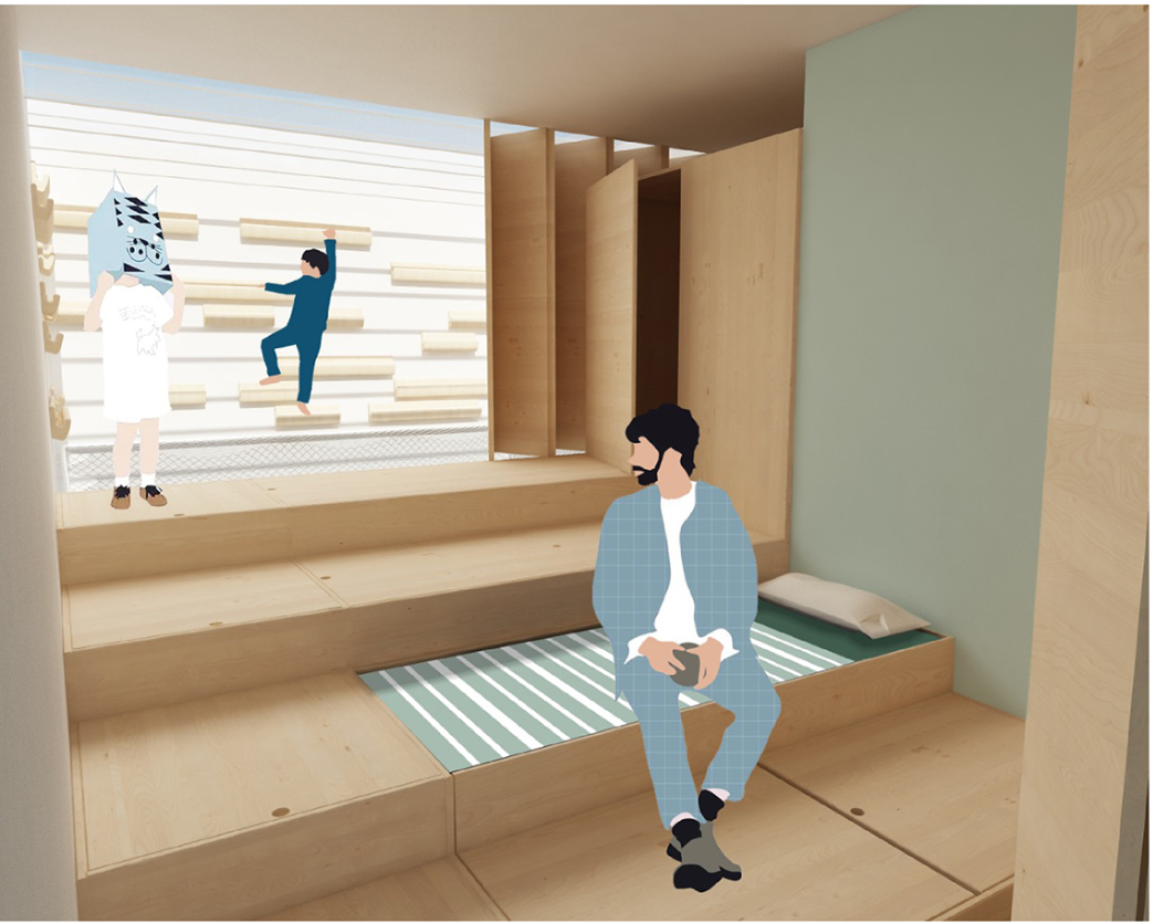 Cozy semi-private lounge with filtered daylight and integrated shelving.