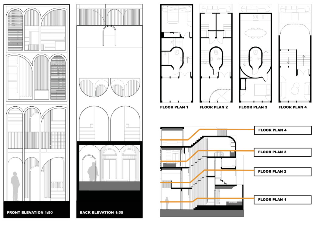 Detailed architectural drawings showcasing the building’s classical arched façade, compact spatial layout, and vertical section linking all four floors.