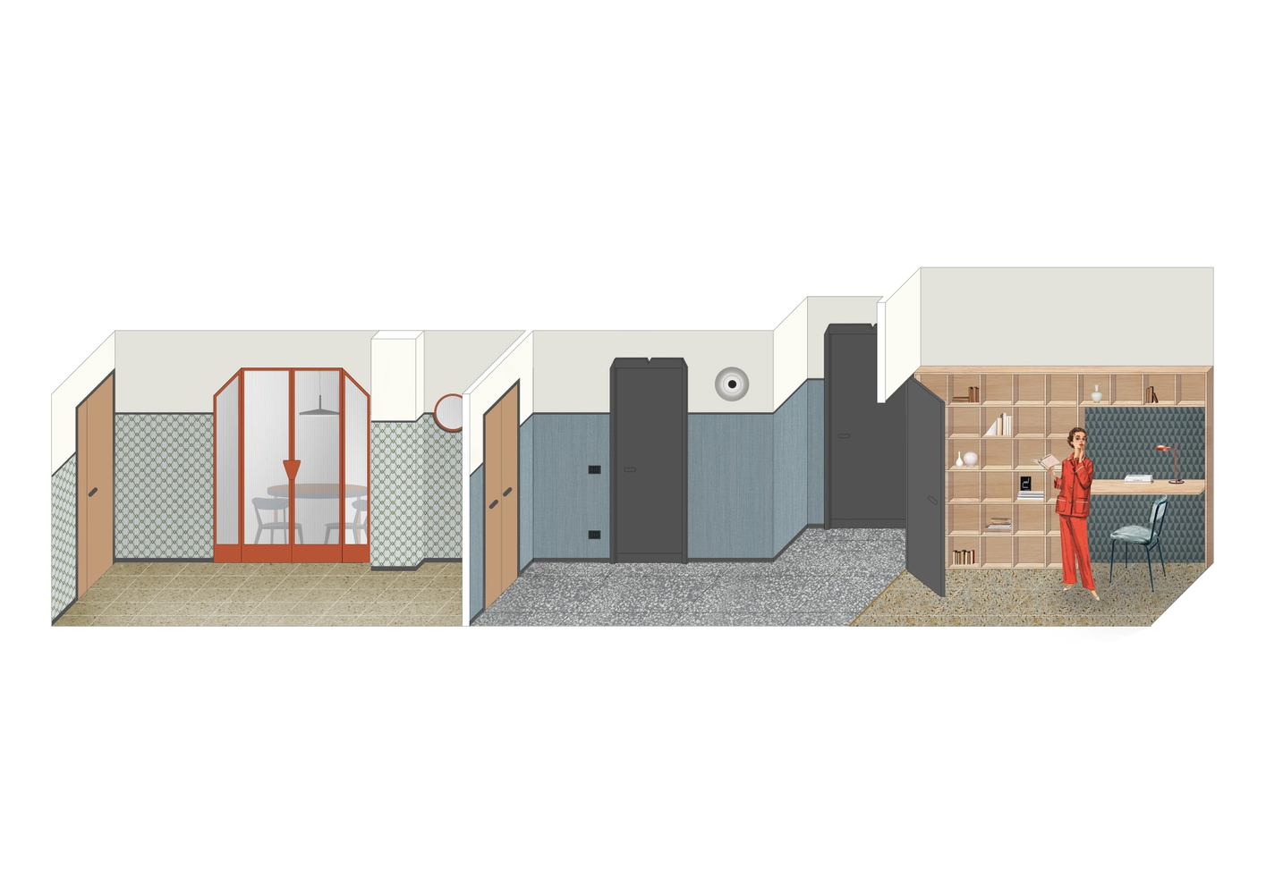 Section drawing showing bathroom, kitchen and living spaces with a figure at shelving wall