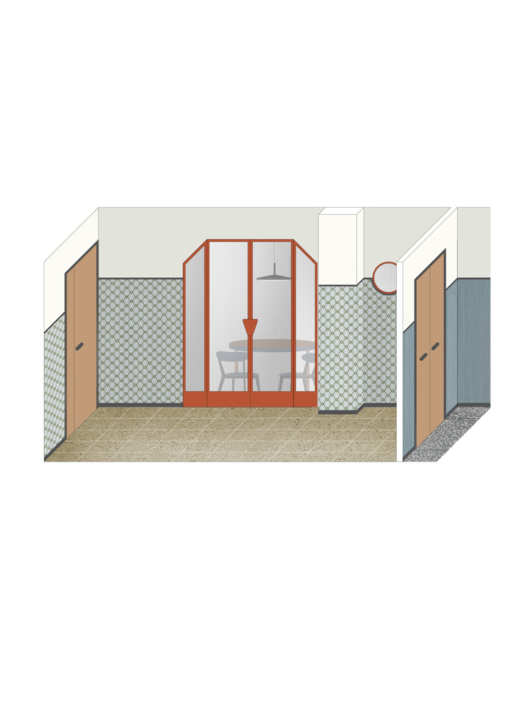 Axonometric drawing of a bathroom with red-framed door and patterned tile walls