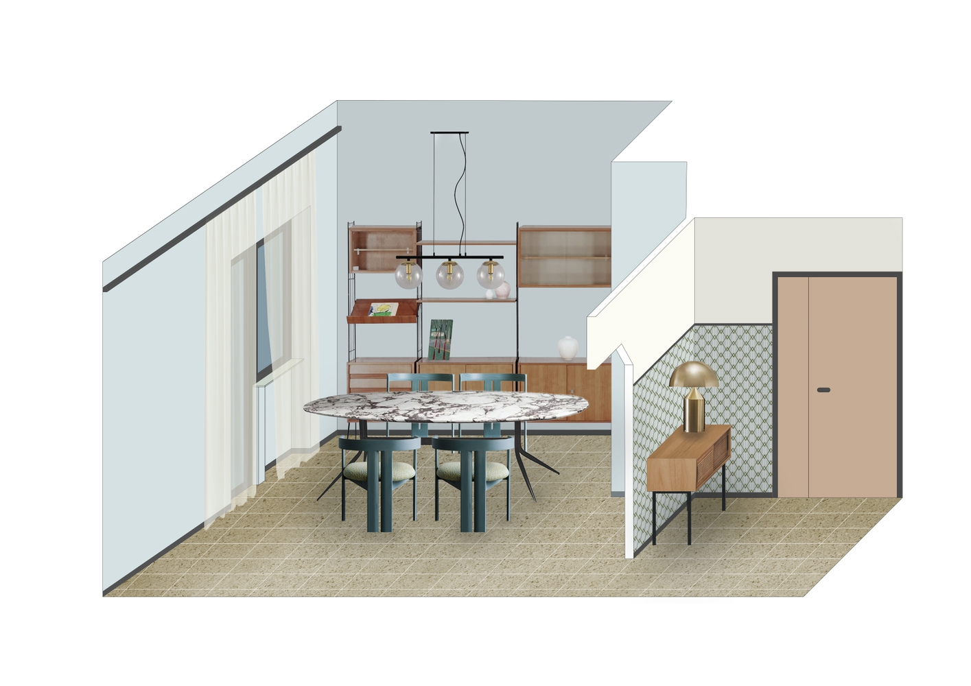 Axonometric drawing of a dining area with shelving, terrazzo floor and window