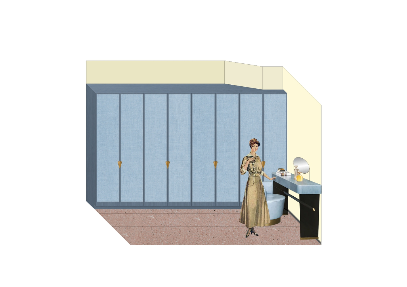 Axonometric view of a dressing room with blue paneled wardrobes and a vanity counter with figure in period dress