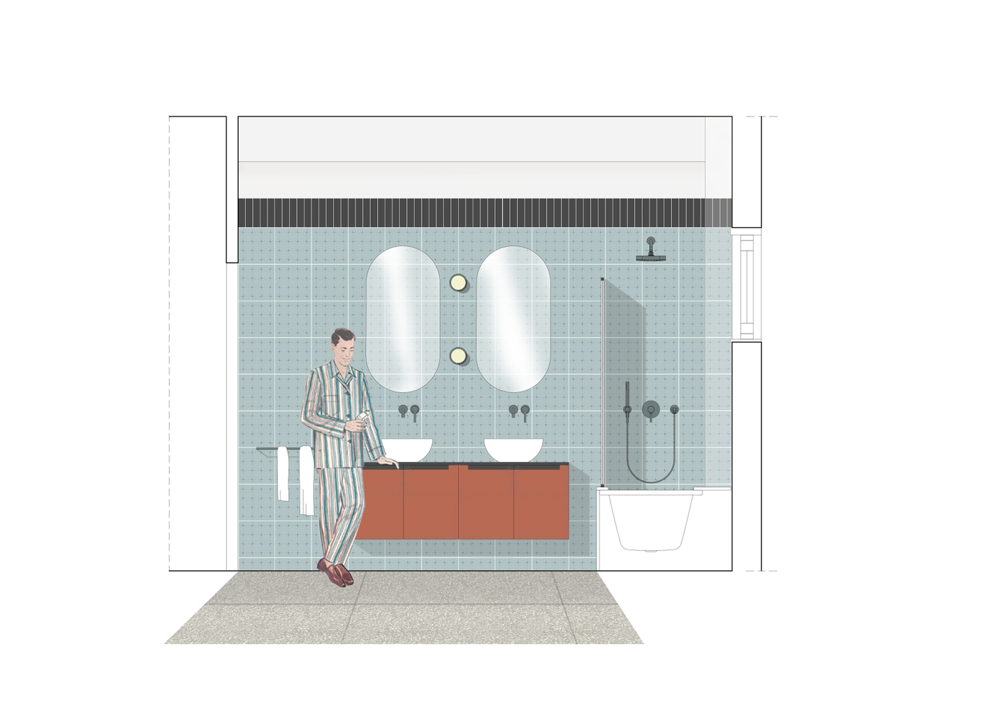 Section drawing of a bathroom showing oval mirrors above an orange vanity and pale blue mosaic tile walls