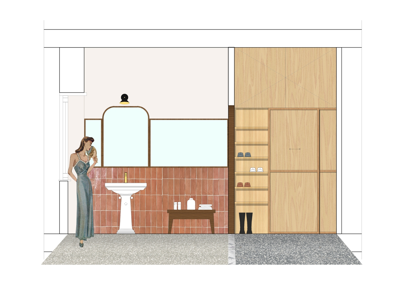 Elevation drawing of an entryway with terracotta tile wainscoting, timber shelving, and arched mirror beside a pedestal sink