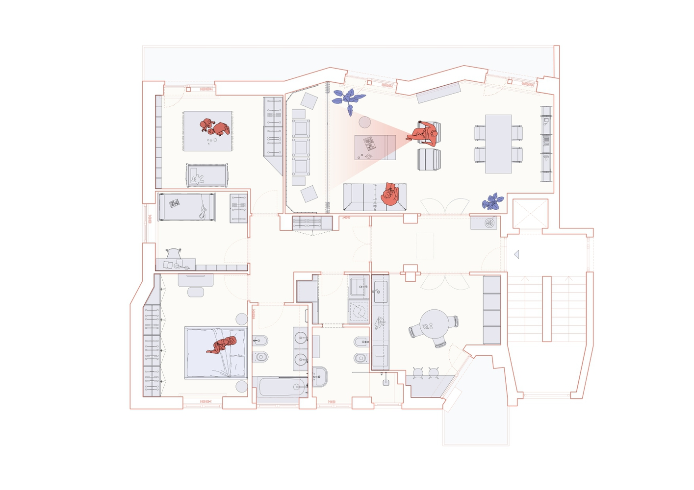 Floor plan drawing showing two residential levels with bedroom, bathroom, and living spaces marked by furniture icons