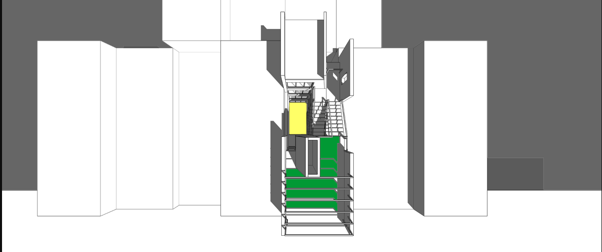 Elevation drawing showing the slender house volume with colored highlights between adjacent buildings