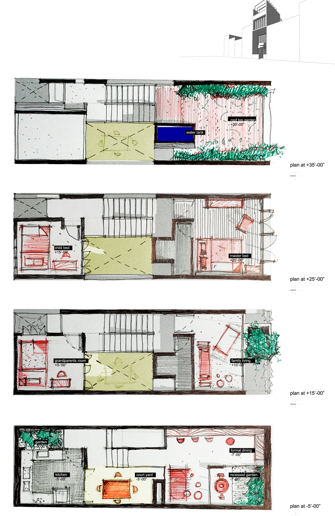 Floor plan drawings stacked vertically showing the four levels with color-coded rooms and planted terraces
