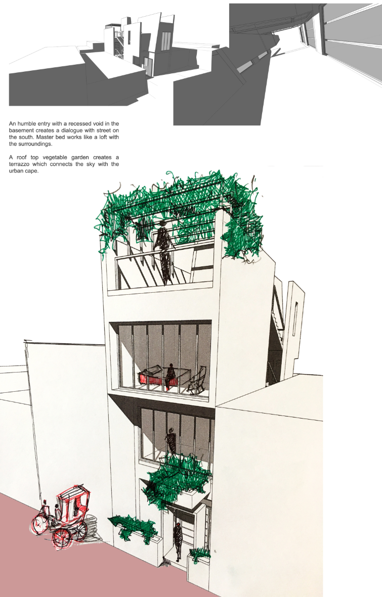 Perspective section drawing of the narrow facade with roof garden, balconies, and a rickshaw at street level