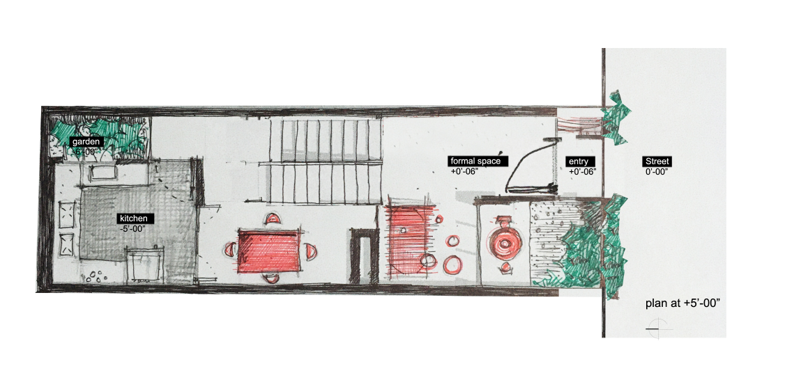 Detailed floor plan drawing at plus five feet showing kitchen, dining area, and entry courtyard
