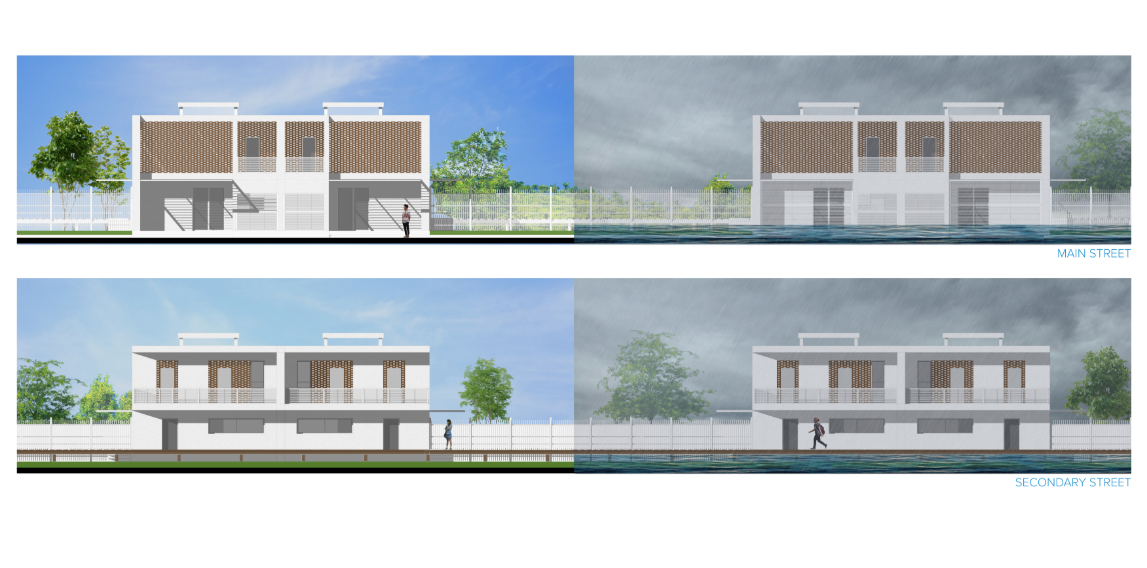 Residential facades designed for resilience, functional in both dry weather and heavy rains.