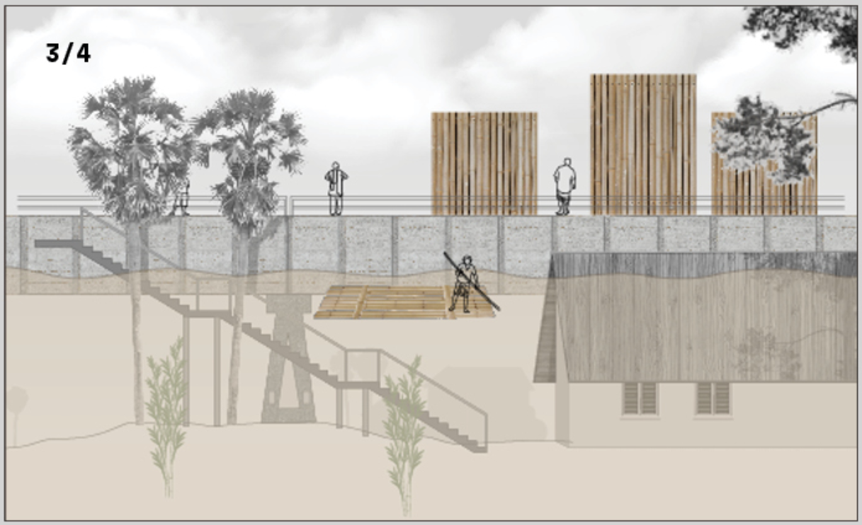 Section drawing showing bamboo refuge boxes above aqueduct during flood stage.