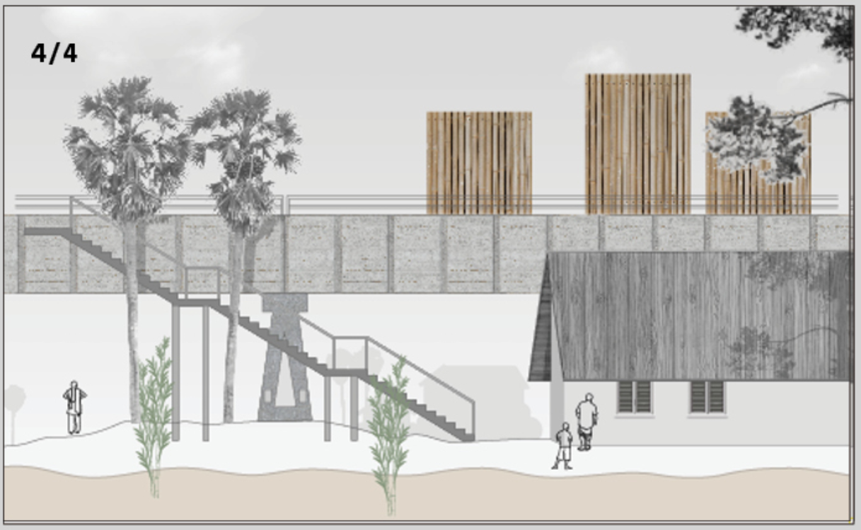 Elevated bamboo refuge units ensuring safety and connectivity for families.