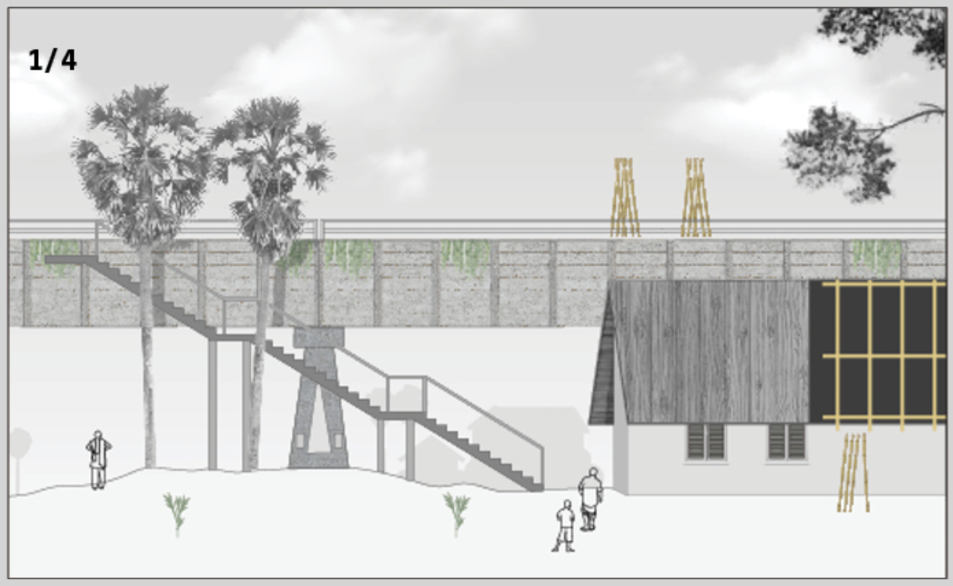Elevated aqueduct structure with bamboo support integrated near housing units.