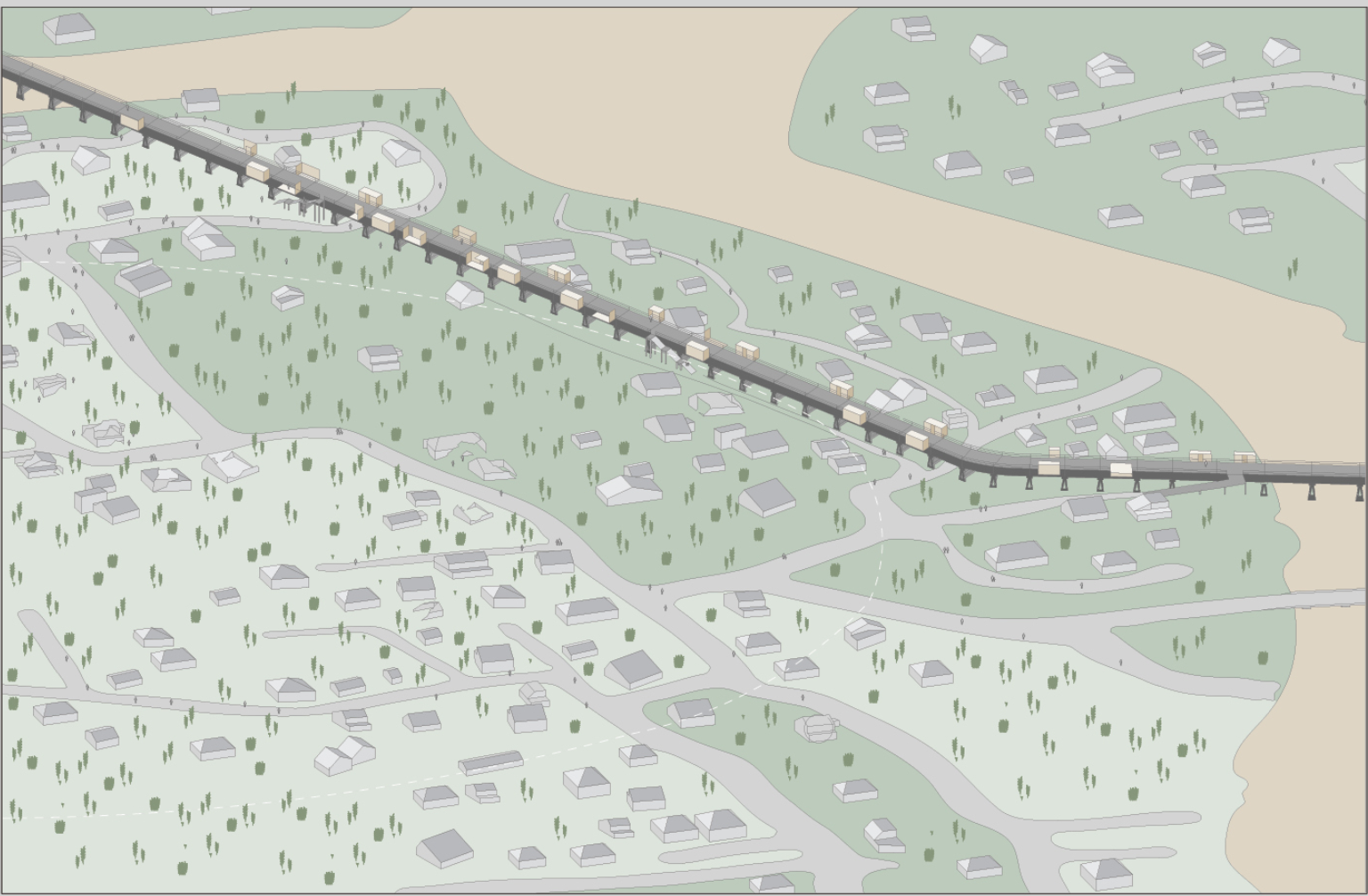 Masterplan showing bamboo aqueduct with connected family refuge units.