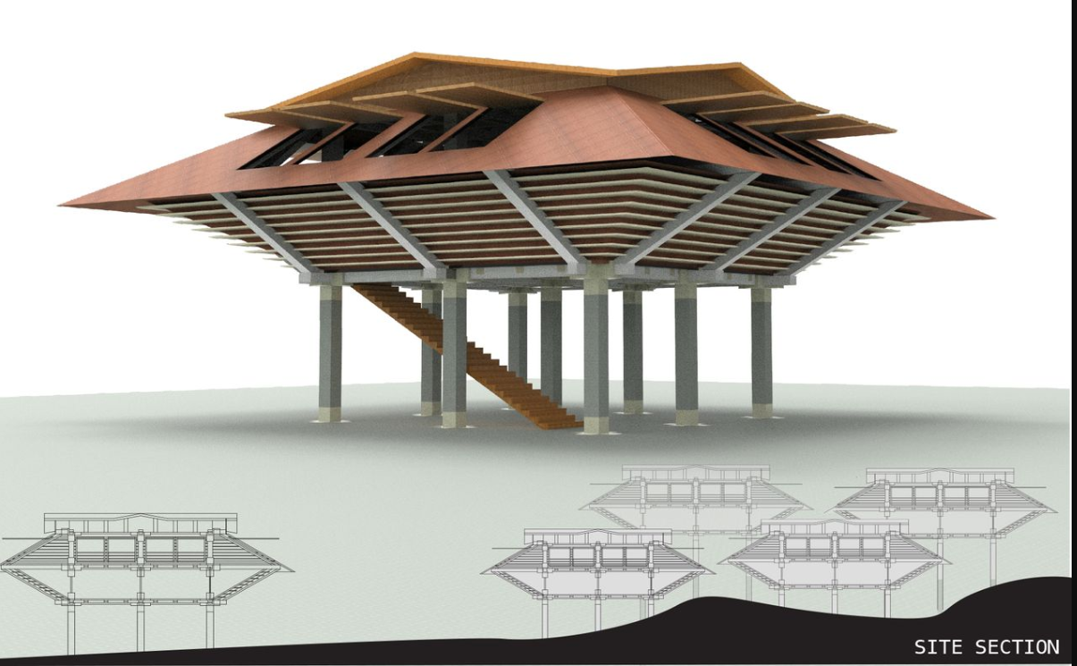 Elevated precast modular shelter with flood-resilient structural base.